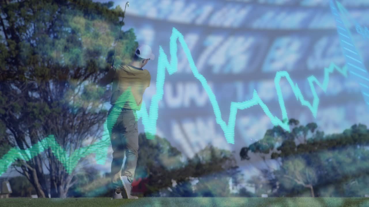 Male golfer initiating controlled swing over ball on fairway, cyan chart overlay analyzing metrics