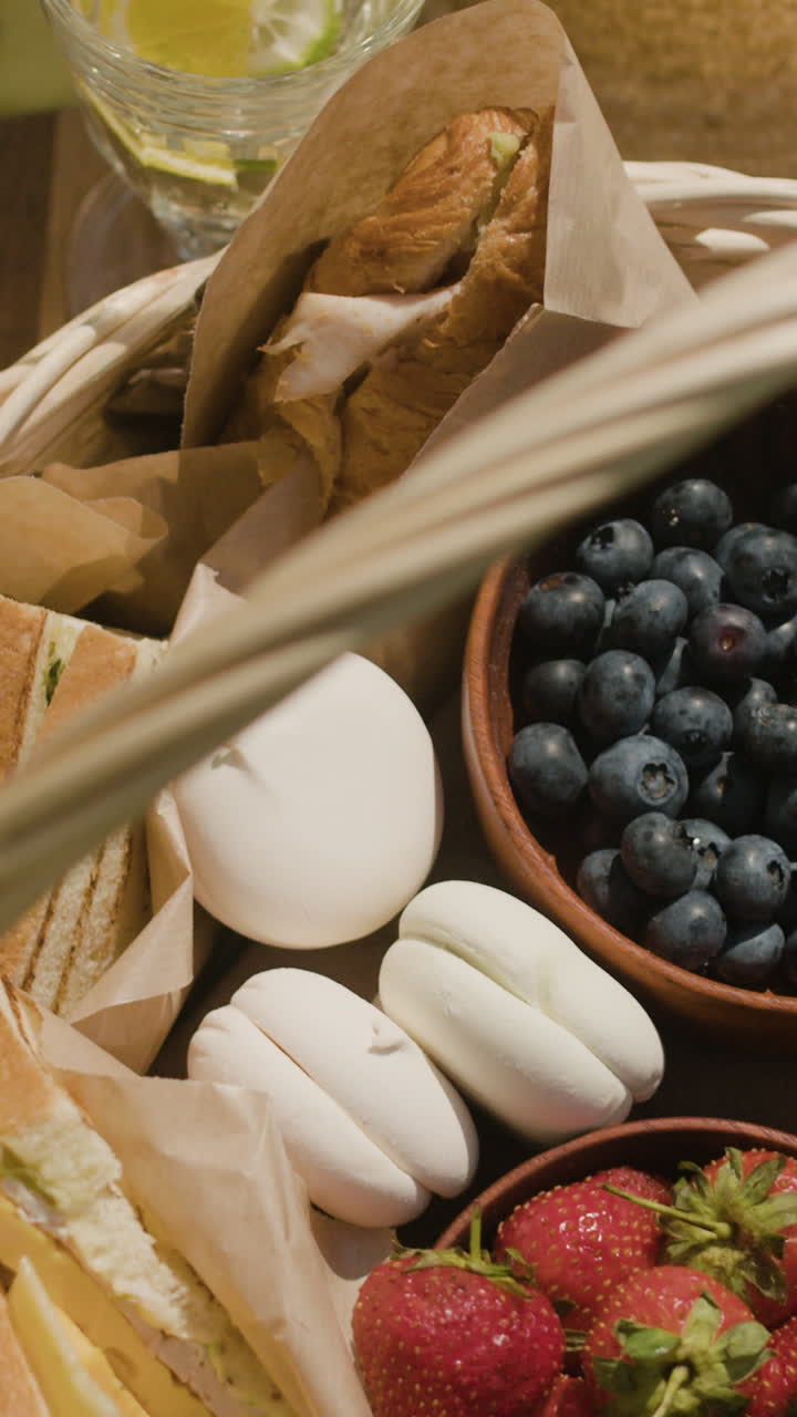 A picnic basket filled with sandwiches, fruit, and marshmallows