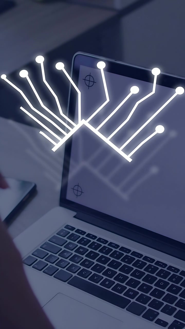 Video verticale: Mano di donna che sfiora un pad, avviando una demo di circuito su un laptop che mostra un chip tecnologico AI.