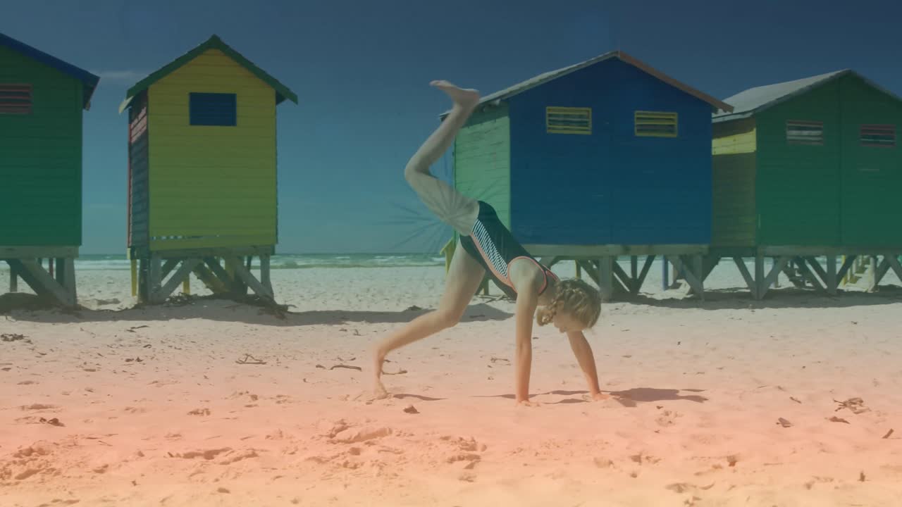 카우카시안 소녀의 손으로 걸어가는 빛나는 불빛의 애니메이션