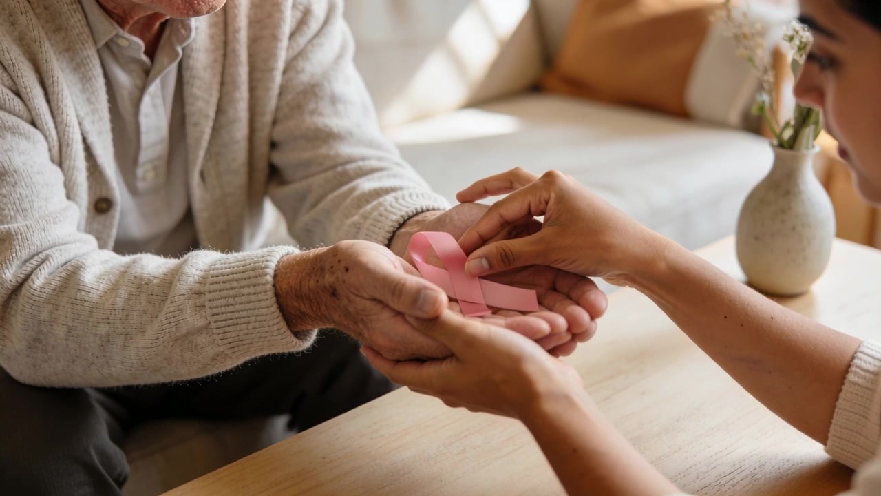 Cuidador sosteniendo un lazo rosa de concienciación sobre el cáncer junto a una paciente de edad avanzada