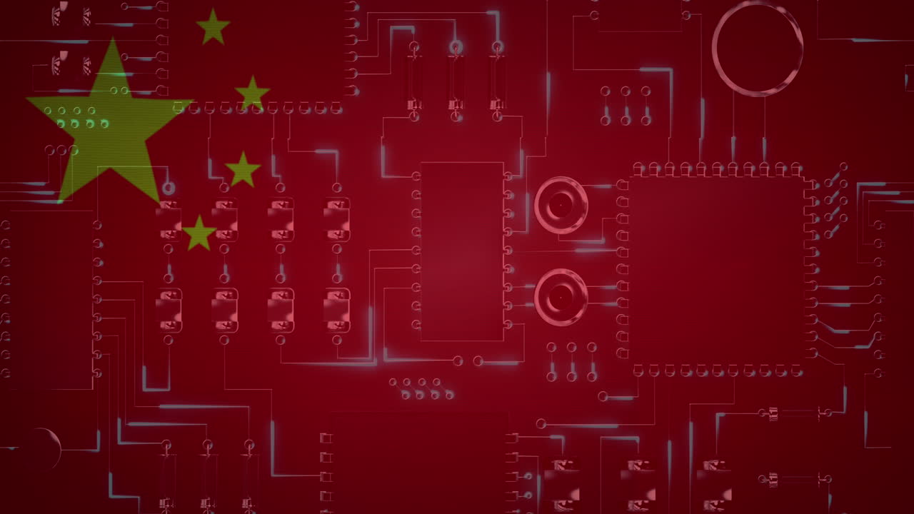 animación de una placa de circuito de computadora con procesamiento de datos y bandera de china