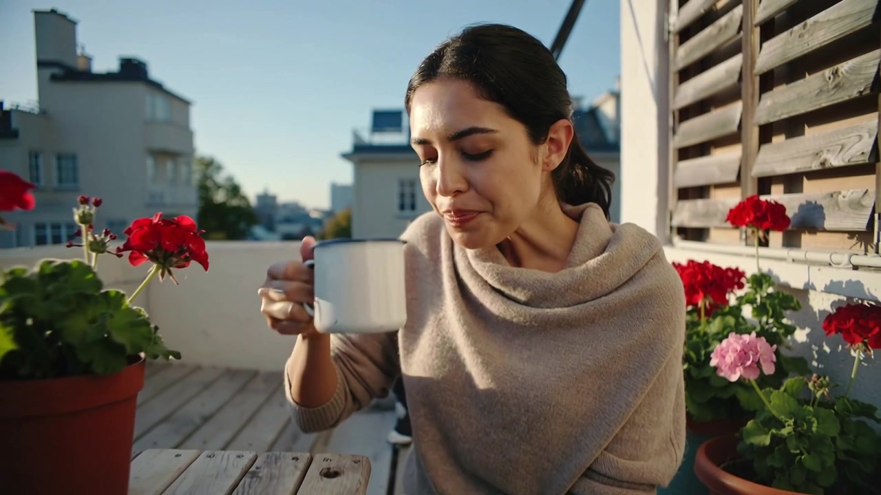 Donna con maglione a collo alto che sorseggia e assaggia da una tazza sbeccata su un balcone sul tetto con gerani, appoggiando poi la tazza.