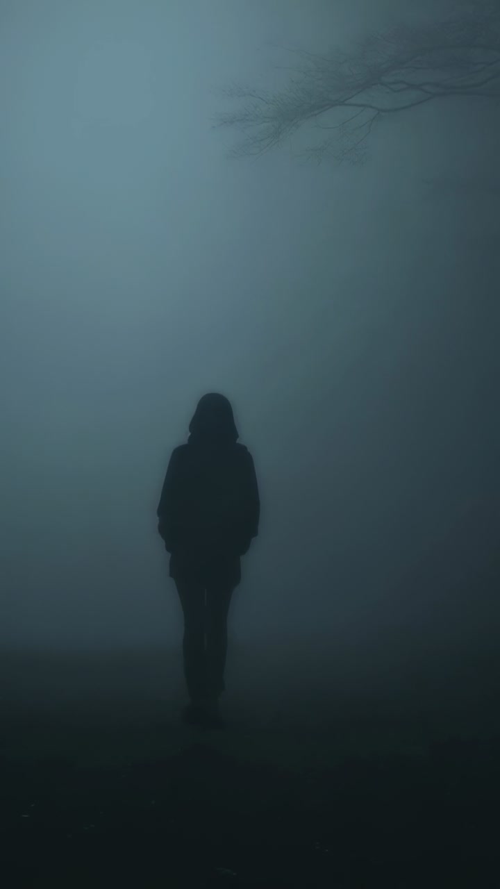 Video verticale: adulto che cammina su un sentiero nebbioso sotto un ramo spoglio, indossa un cappotto e dei pantaloni scuri, alla ricerca della calma