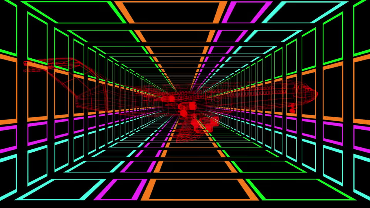 dibujo técnico de avión 3d sobre un túnel de cuadrados multicolores en movimiento