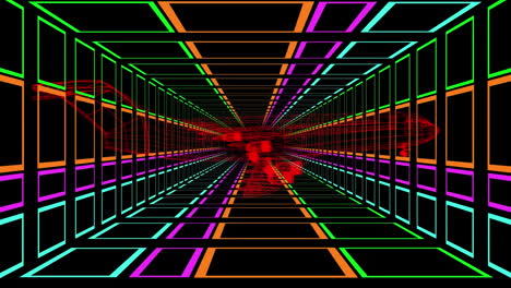 3d airplane technical drawing over tunnel of multi colored squares moving