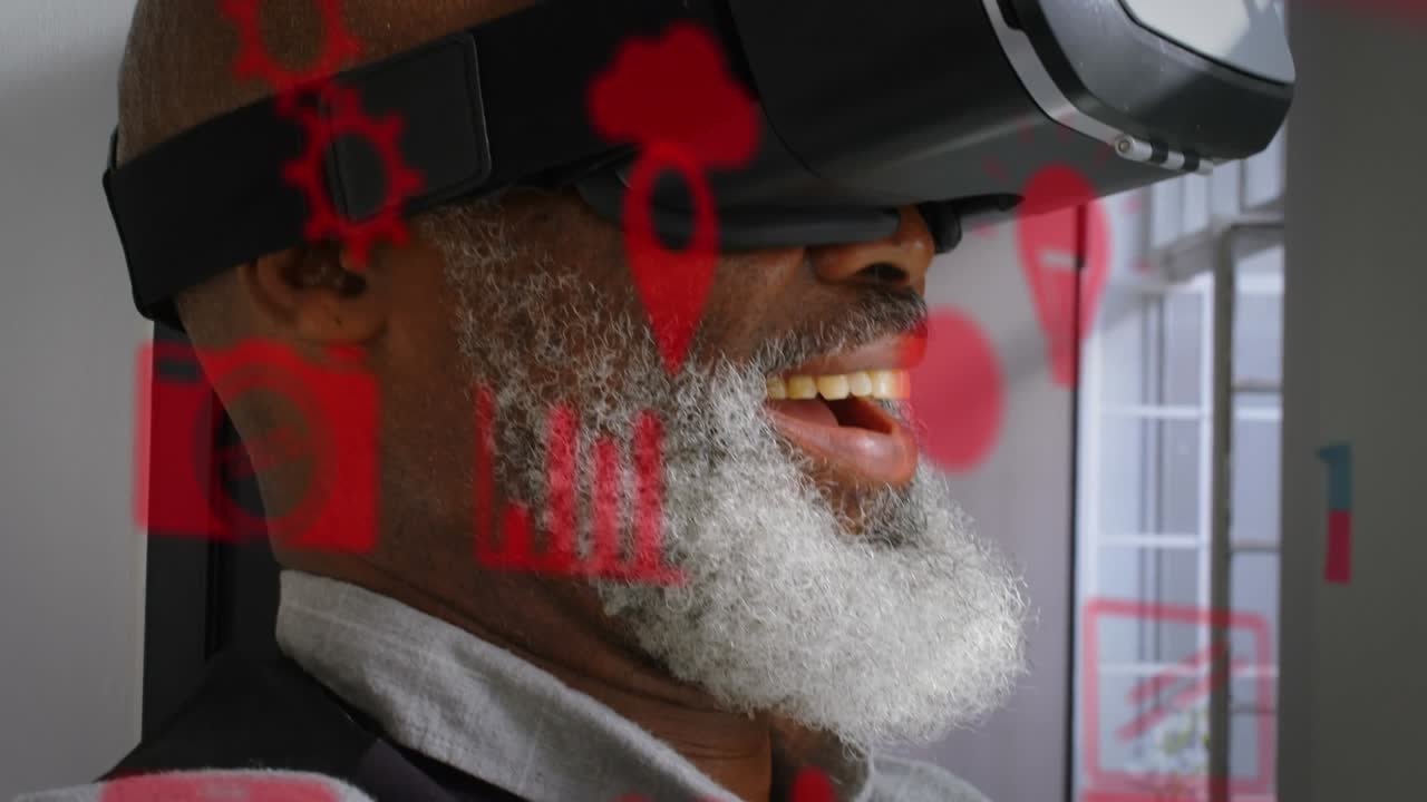 Animation of emoji icons over african american man wearing vr headset
