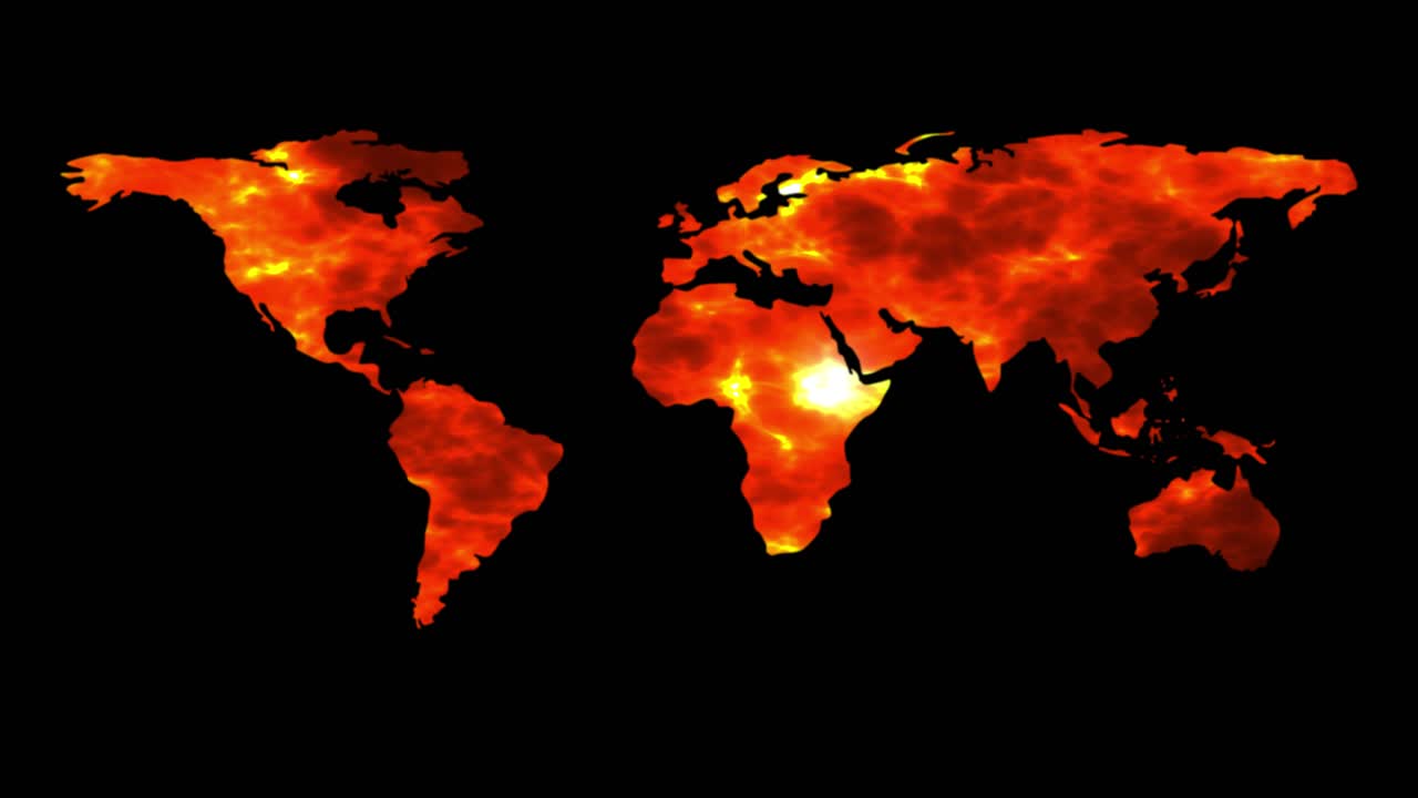 Video footage of world map glowing orange fire texture on black background heat crisis global