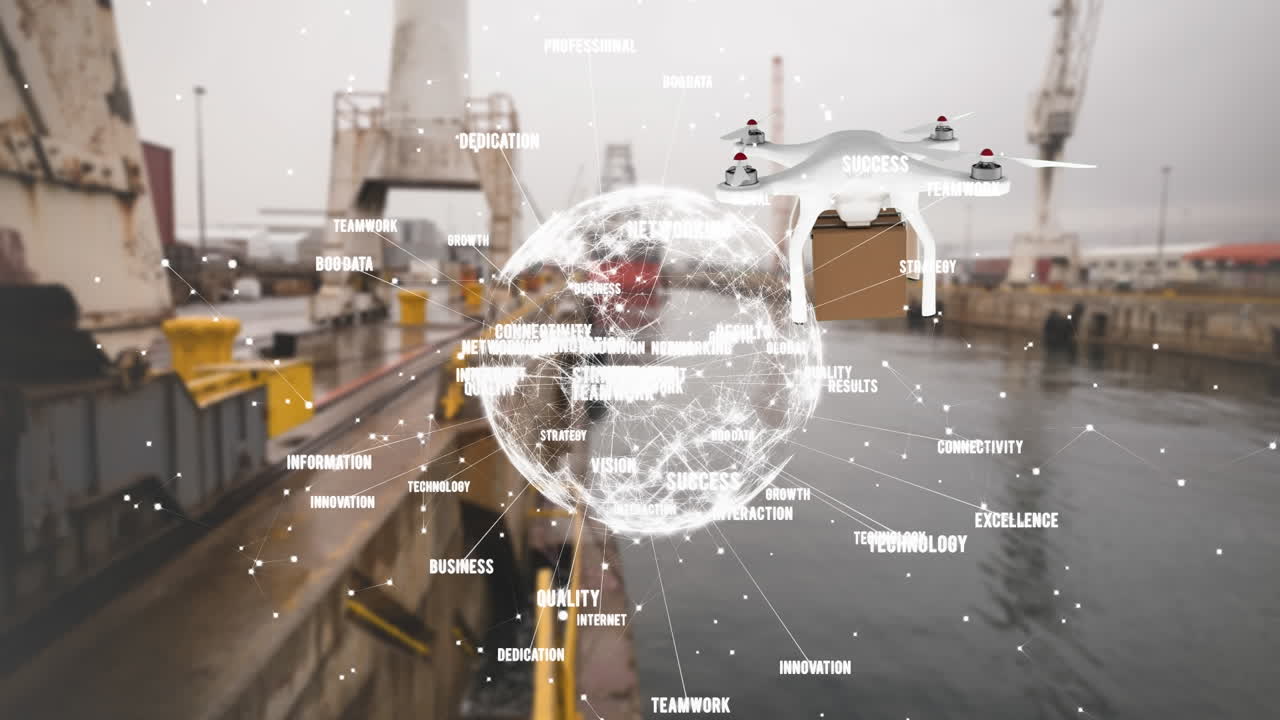 animación de globo y dron digital sobre los buques en el puerto