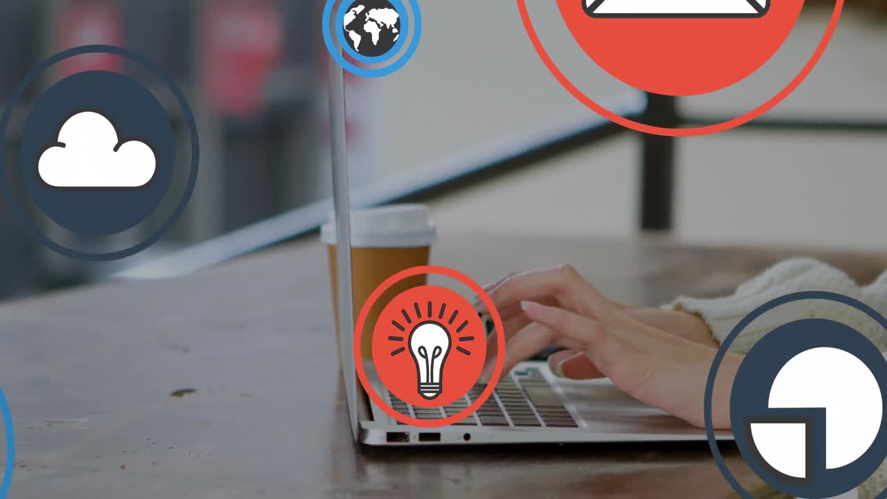 animación de múltiples iconos sobre manos recortadas de una mujer caucásica con café trabajando en una computadora portátil