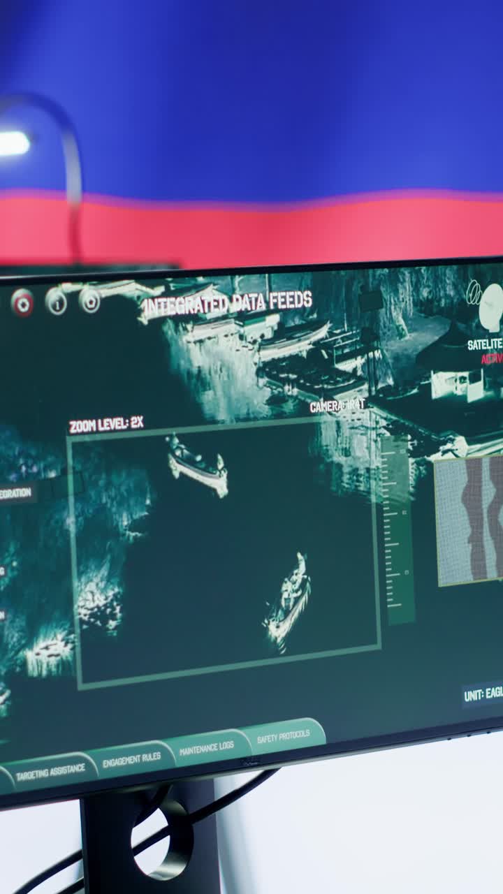Vertical Video Modern army control center monitoring activity on surveillance systems