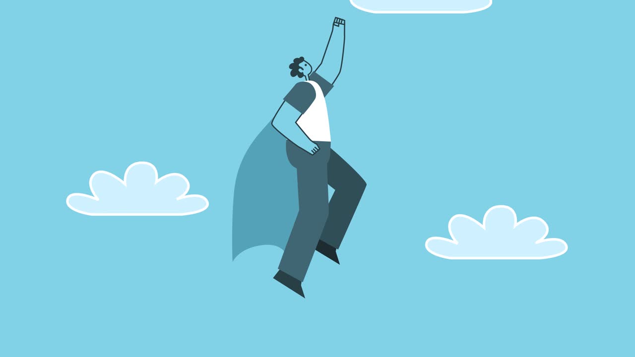 hombre superhéroe vuela desde el teléfono inteligente. diseño plano personaje de dibujos animados circuito aislado animación 2d con canal alfa