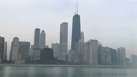 medium shot of the chicago skyline and lake michigan