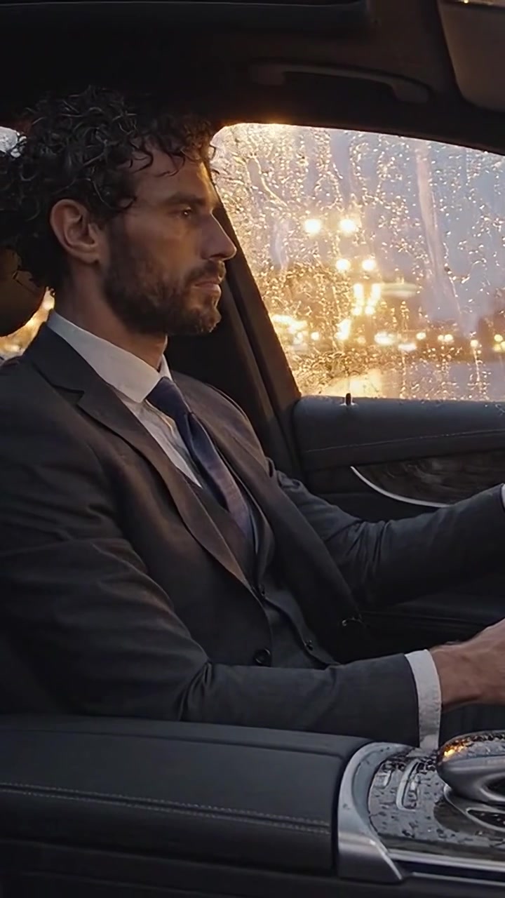 Un uomo contemplativo in abito siede in un'auto di lusso, guardando pensieroso fuori mentre la pioggia cade sul finestrino, sullo sfondo di un paesaggio urbano delicatamente illuminato