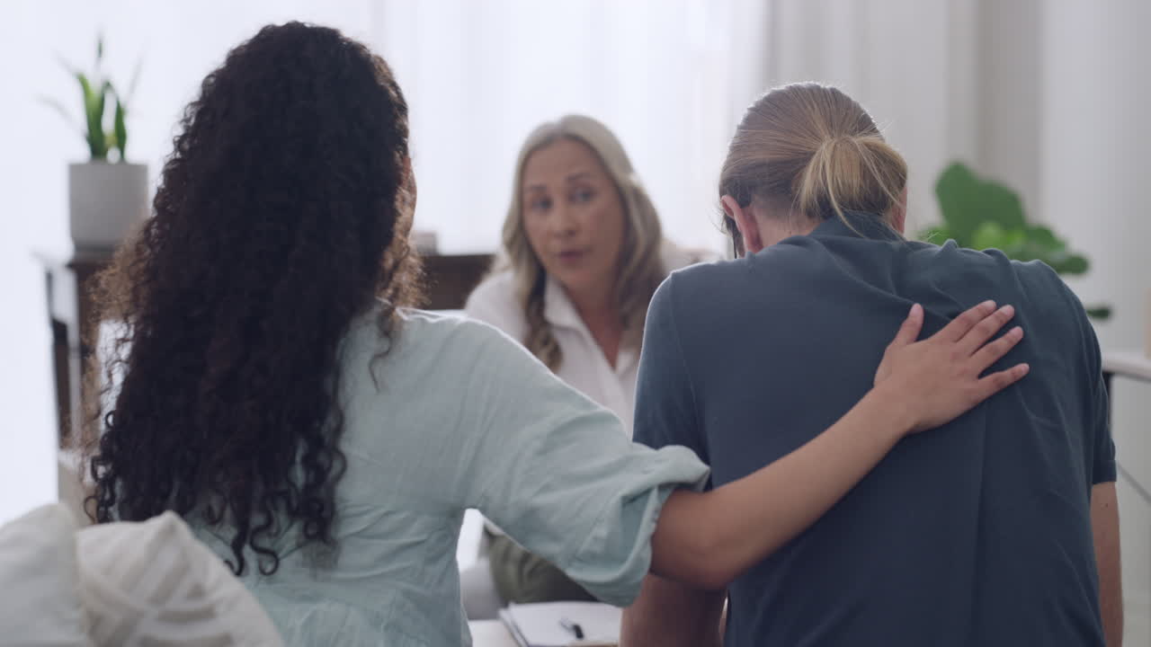 Vista posteriore di una giovane moglie che supporta una persona depressa