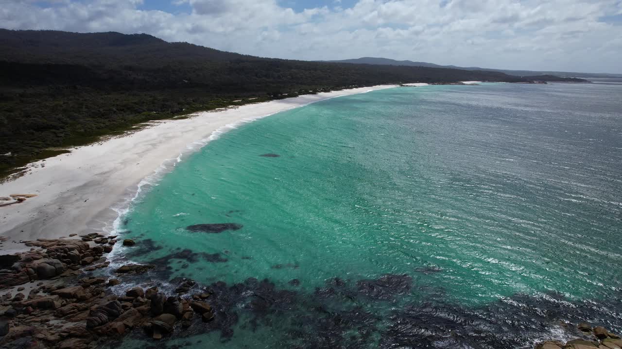 Jeanneret Beach With White Sand And Turquoise Ocean In Tasmania, Australia - Drone Shot