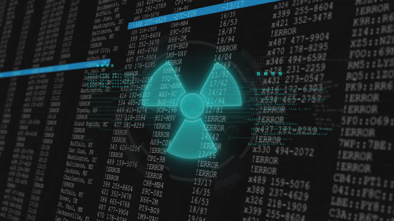 animación del símbolo de peligro nuclear sobre códigos de error y datos en fondo negro