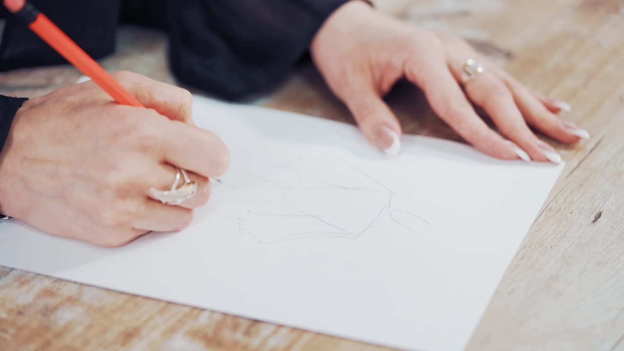 Female's hands drawing sketches of clothes on paper in her workplace. Clothes designer or tailor sketching with a pencil on a table.