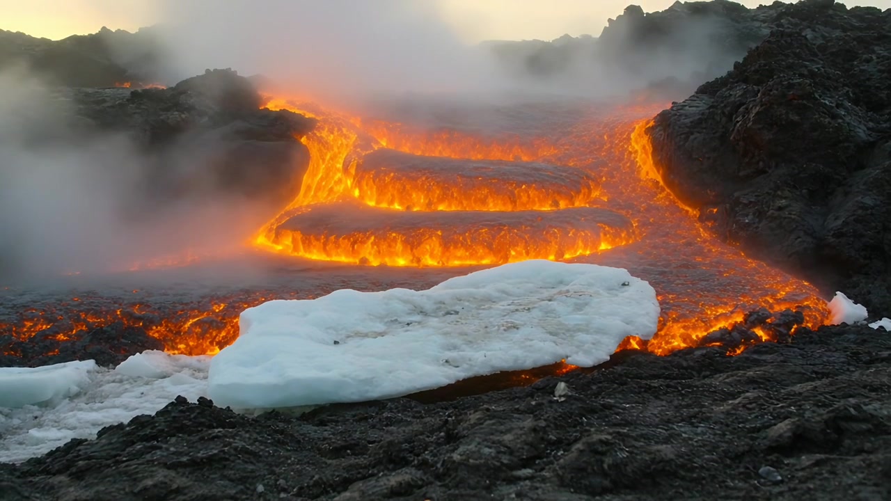 Erupting molten lava flow spilling down terraced channel, contacting snow slab and steaming