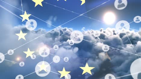 Animation-of-network-of-connections-with-icons-over-flag-of-european-union-and-sky