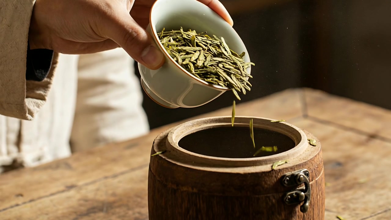 Preparing for storage, hand pouring and tilting bowl, moving tea leaves into canister at table