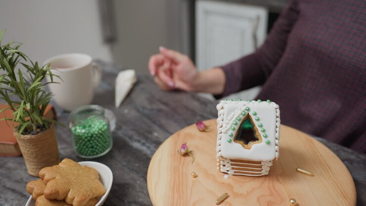 Close-up of decorated gingerbread house with white icing and green beads on wooden tray, small golden decorations, dried flowers, jar of green beads, and potted plant
