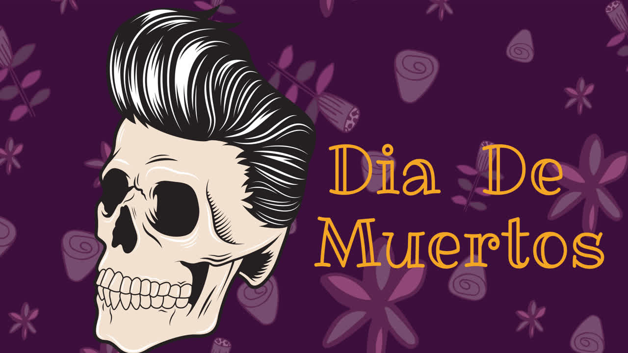 анимация dia de los muertos и черепа с волосами на фиолетовом фоне