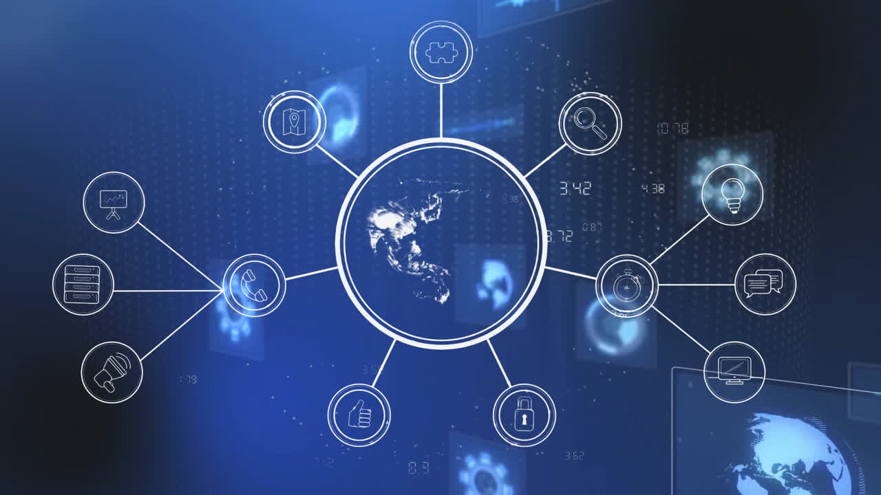 검은색 배경에 데이터 처리를 통해 지구와 연결 네트워크의 애니메이션