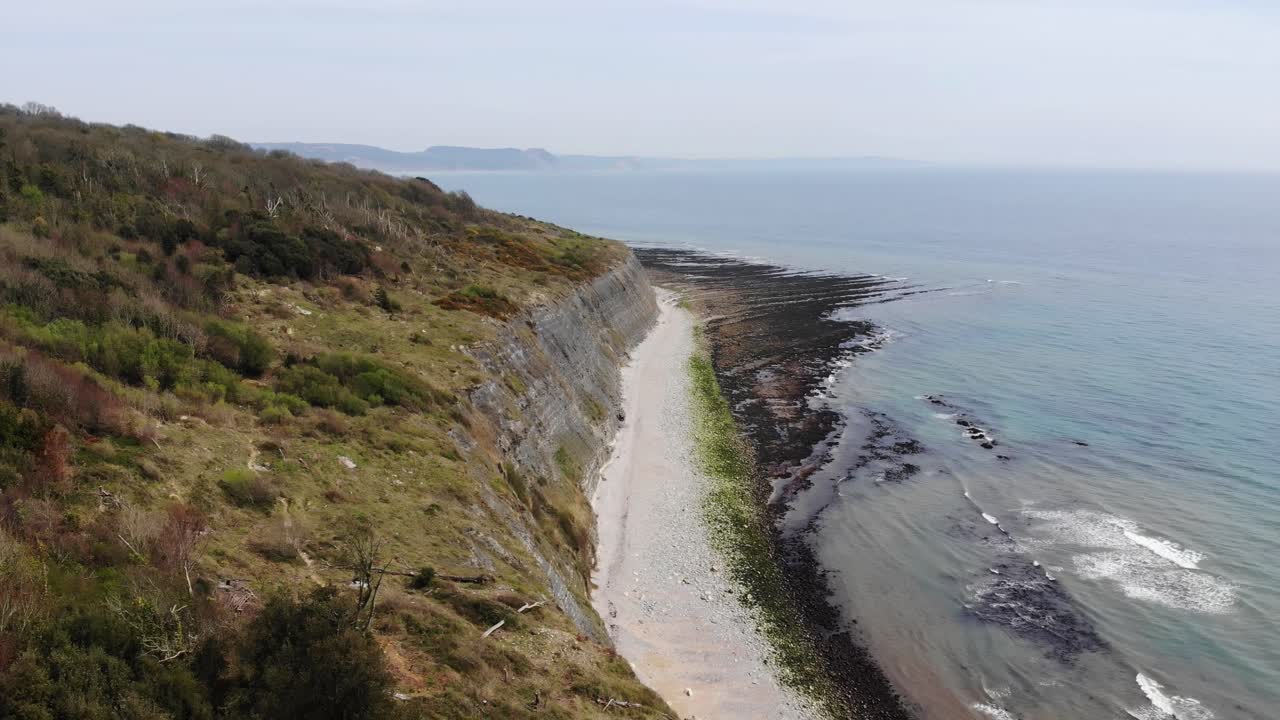 Coastal cliffs overlooking a serene beach and pristine waters on a sunny day. Aerial Descending Shot