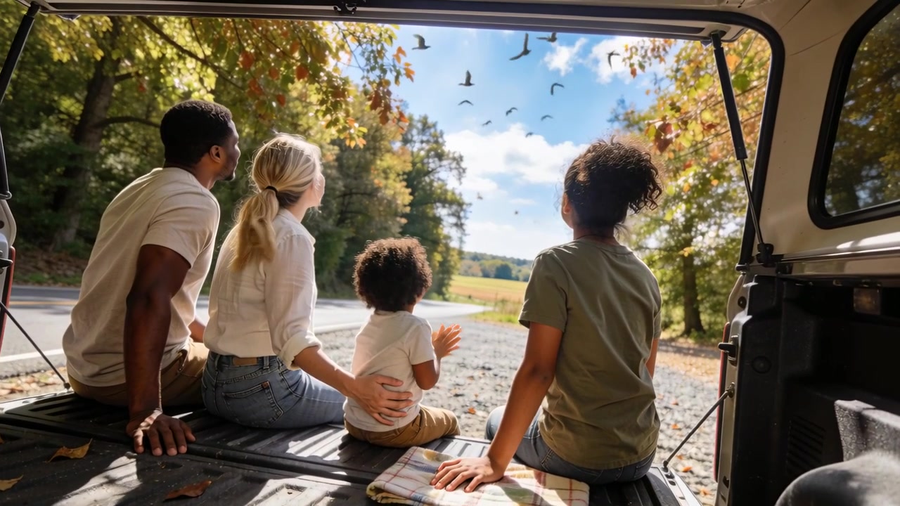 Flock flying, family of four sitting on tailgate at rural roadside watching sky toddler clapping