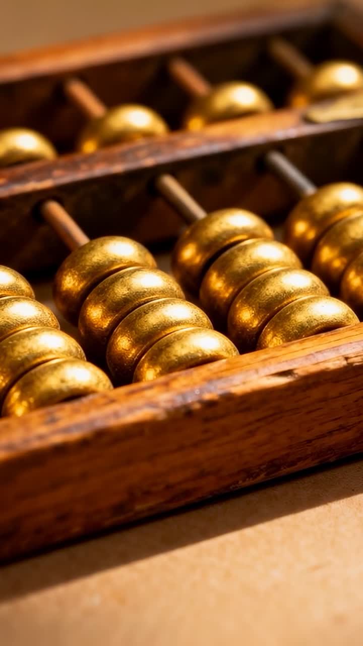 Vertical video: Focusing camera on wooden abacus with metal rods on tan table, showing sheen