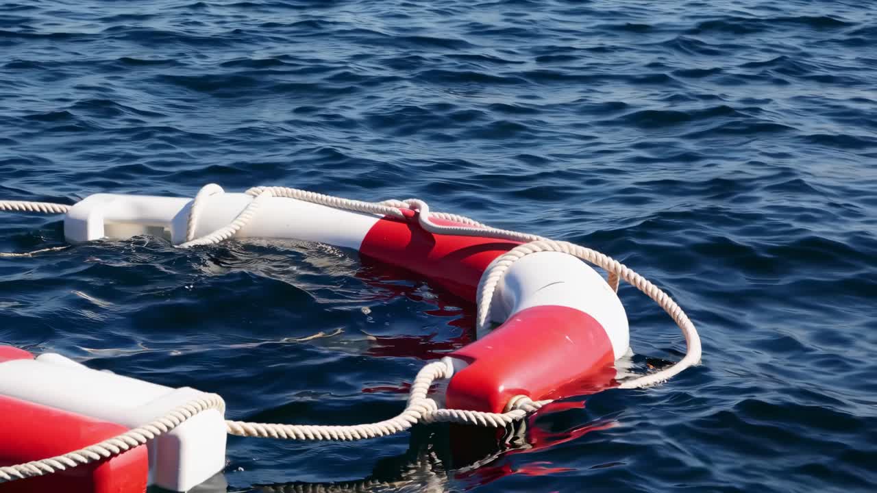 A serene seascape video captures a low-angle view of a lifebuoy floating on calm waters