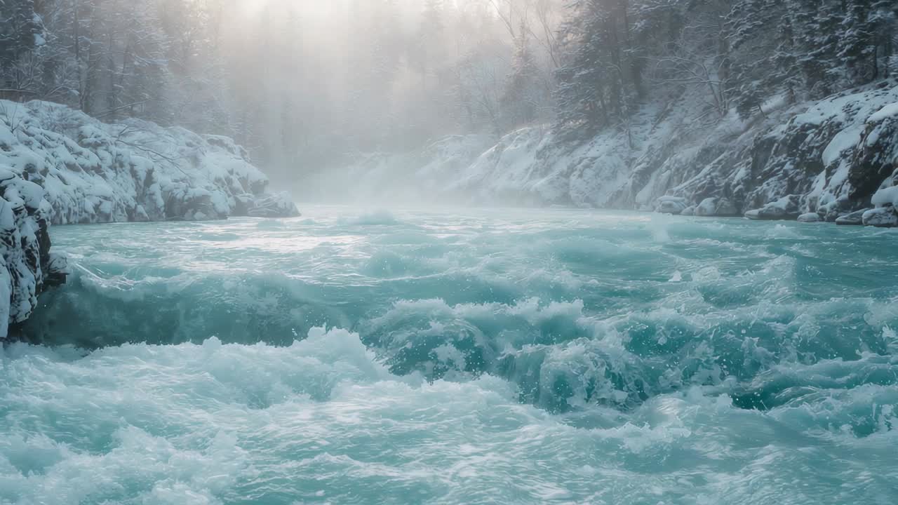Surging turquoise rapids driven by current flowing toward camera in canyon, spraying mist and foam