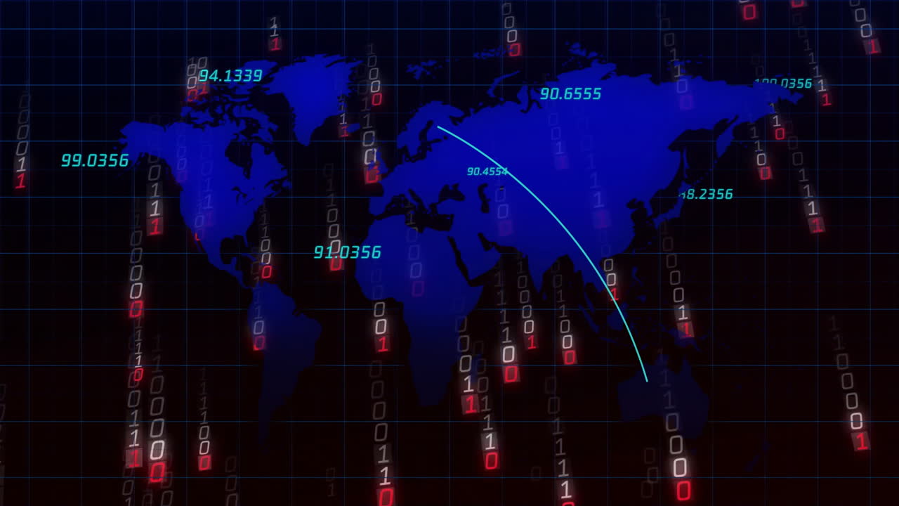 Animation showing world map with binary code and data points for connectivity