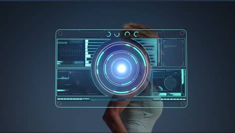 Animation of scopes scanning and data processing with woman running