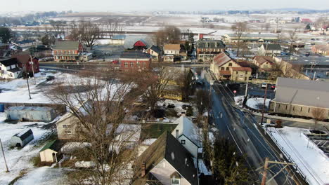 aerial over township of intercourse, pennsylvania usa during snowstorm