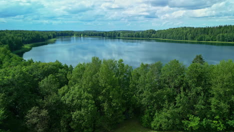 Aerial-drone-forward-moving-shot-over-camping-tents-beside-a-large-lake-surrounded-by-dense-green-vegetation-on-a-sunny-day