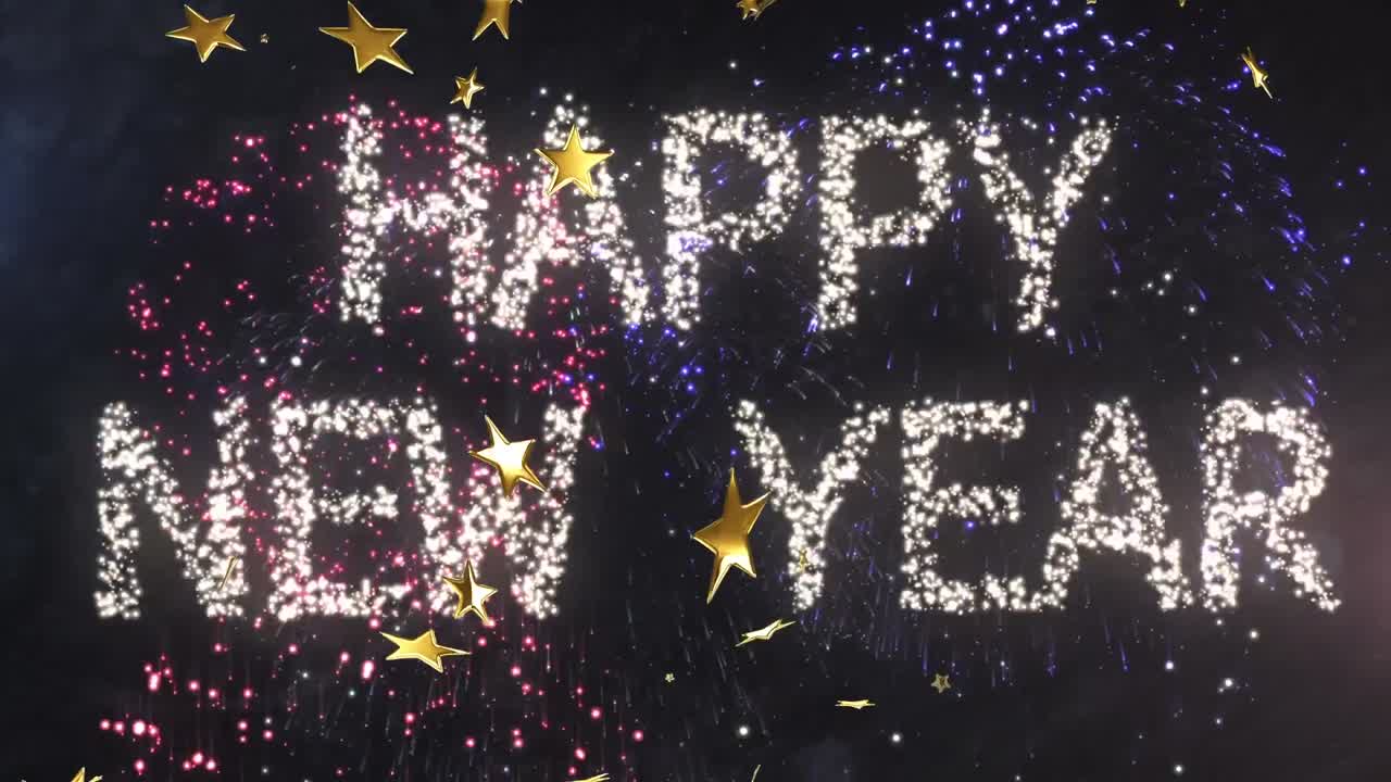 animación de texto de feliz año nuevo con fuegos artificiales y estrellas sobre fondo negro