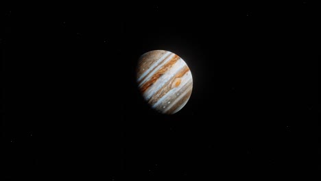 slow floating towards planet jupiter with detailed surface and moving clouds