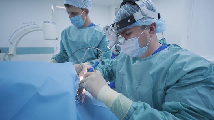 Operation of removing tonsils under deep anesthesia, surgeon uses latest devices, cold plasma method, cuts swelling in throat, doctor works with new probe, medical headlamp, surgical loupes