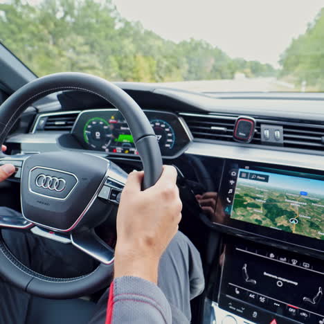 VINNITSA, UKRAINE - September 2019: Audi e-tron Sportback Concept four wheel drive electric SUV. Interior detail view with controls