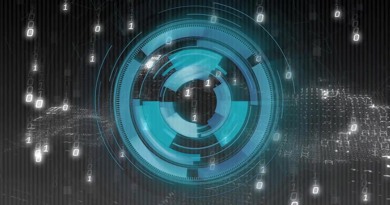 On startup circular interface emerging, rings spinning and syncing, showing falling binary code