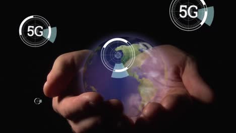 Hand-holding-a-globe-and-futuristic-circles-with-5G