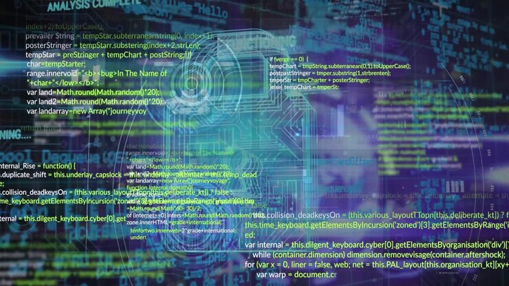 Animation of computer languages and digital lock over grid background
