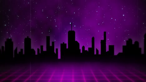 Red-squared-floor-moving-over-dark-city-against-purple-universe-background-4k