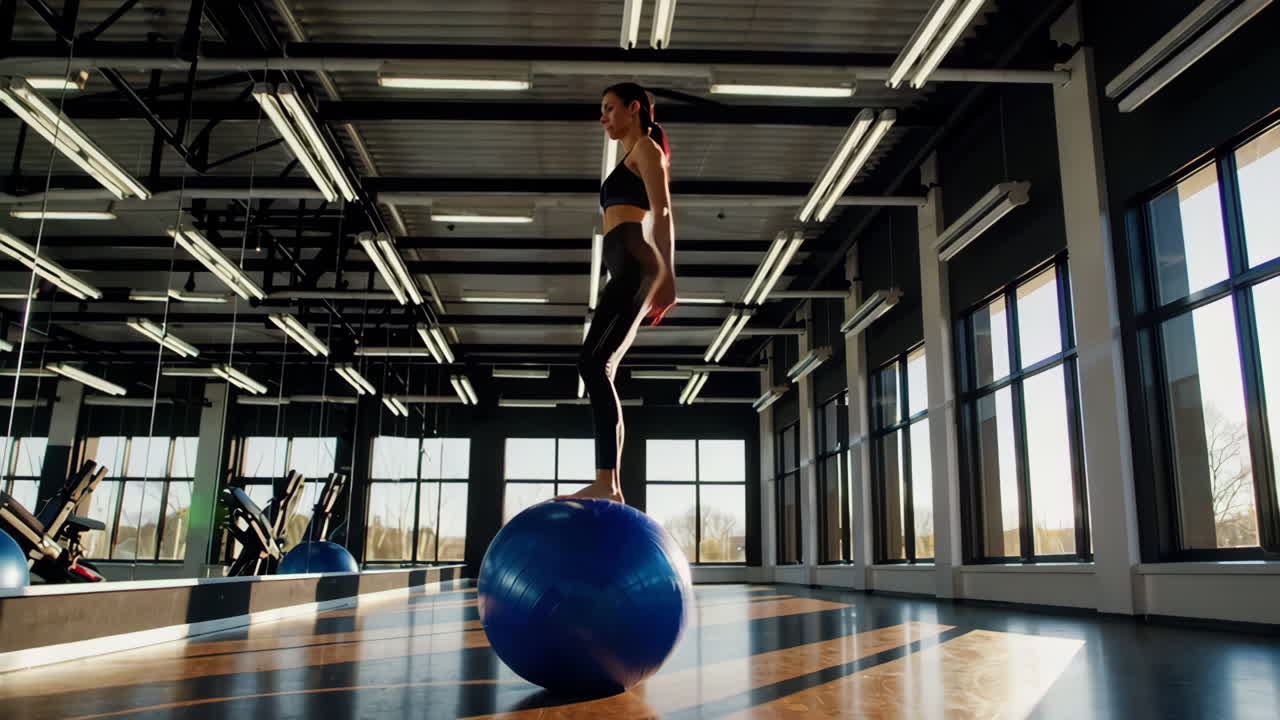Woman balancing on exercise ball in a gym