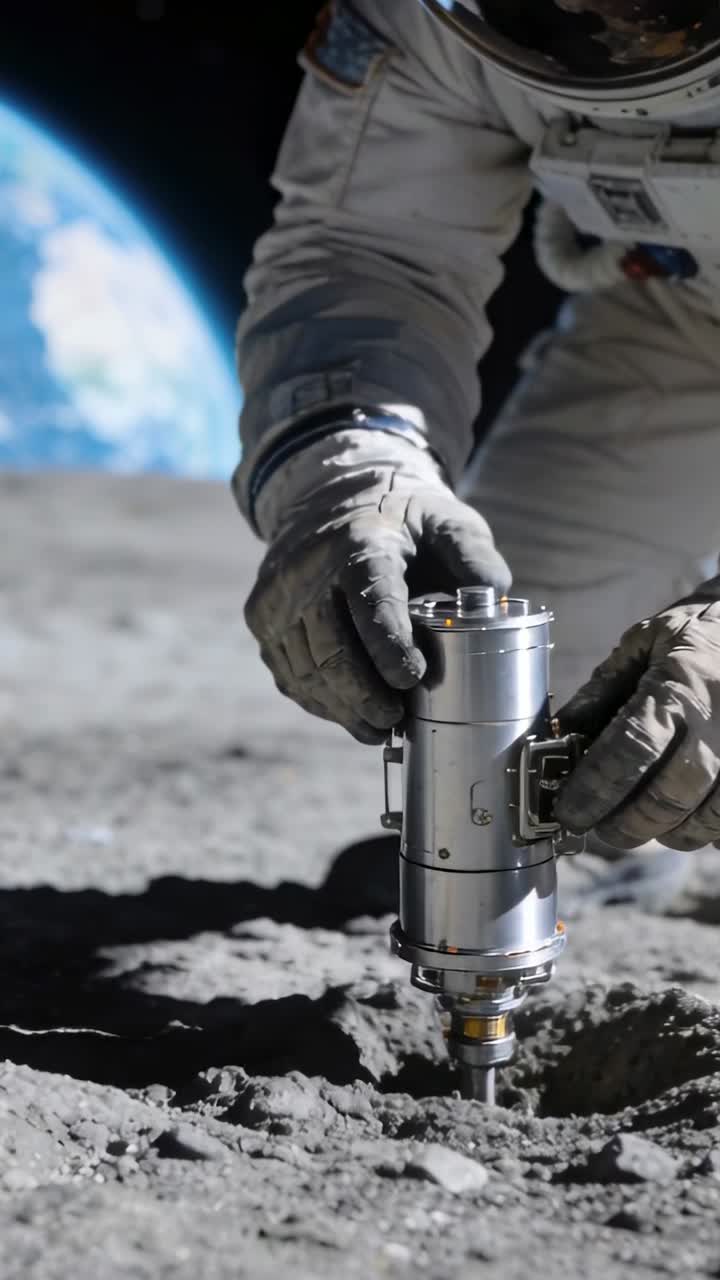 Astronauta ajoelhado na superfície lunar, baixando perfuratriz de solo no regolito, coletando amostra para a ciência.