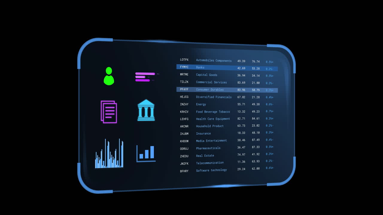 Animation of screen with banking data over black background