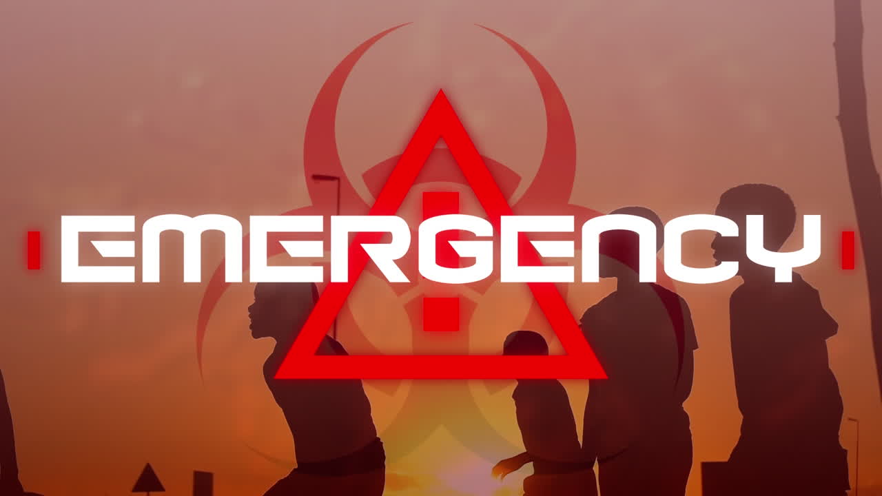 코로나바이러스 코로나19를 배경으로  ⁇ 고 있는 사람들의 그림자가 있는 긴급 상황 단어의 애니메이션