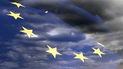 Flagge-Europas-Weht-Gegen-Himmel-Und-Wolken-4k